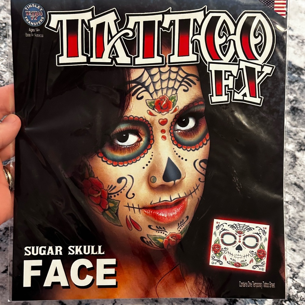 Sugar Skull Day of the Dead Face Temporary Tattoo Tinsley FX Makeup Costume NWT